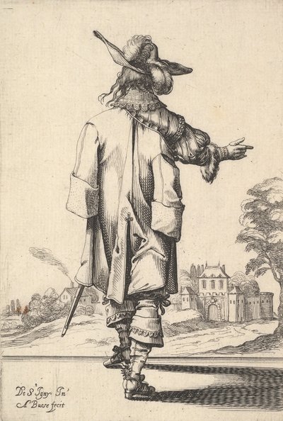 Mies takaa katsottuna, oikea käsi ojennettuna ja viitta vasemman s..., 1629. tekijältä Abraham Bosse