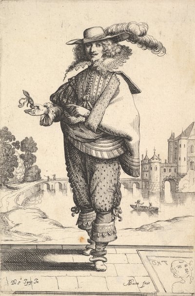 Suuren linnan edessä seisova herrasmies, jolla on pitkähihainen hattu ja pitsikaulus..., 1629. tekijältä Abraham Bosse