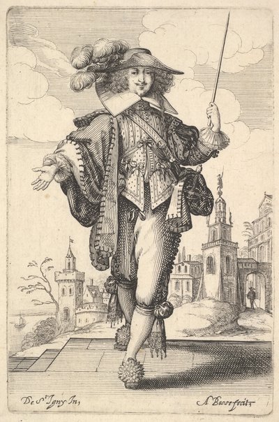 Herrasmies kävelee eteenpäin, oikea käsi ojennettuna ja ruoska vasemmassa kädessään..., 1629. tekijältä Abraham Bosse