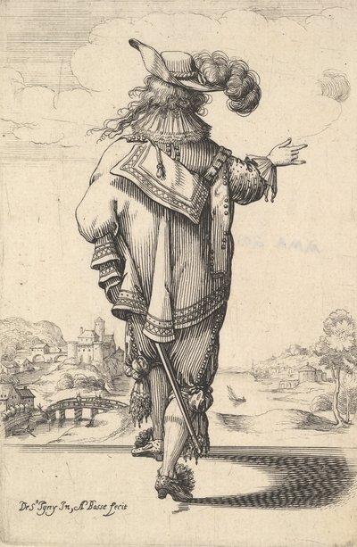 Herrasmies, jolla on hattu ja miekka, takaa katsottuna, oikea käsi ulos..., 1629. tekijältä Abraham Bosse