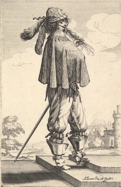 Mies, jolla on lyhyt takki, kypärä ja kannulliset saappaat, seisoo portailla..., 1629. tekijältä Abraham Bosse