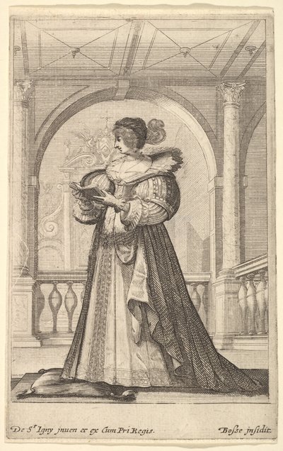 Nainen seisomassa, kasvot vasemmalle, päällään hattu ja pitsikaulus, lukee..., n. 1629. tekijältä Abraham Bosse