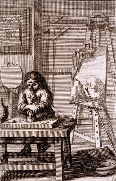 Taiteilijan oppipoika puhdistamassa kaiverruslevyä, "Recueil de Figures...", 1737 tekijältä Abraham Bosse