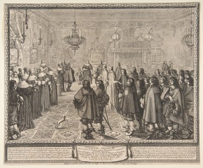 Puolan kuninkaan Władysław IV:n ja Mantovan prinsessan Marie Louise Gonzagan avioehtosopimuksen solmimisseremonia Fontainebleaussa tekijältä Abraham Bosse