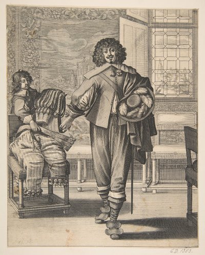 Hovimies noudattaa liiallisuutta vastaan käskyä Le Courtisan suivant le... -puvussa, 1600-luvun puoliväli. tekijältä Abraham Bosse