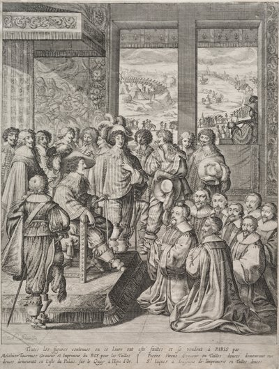 Ludvig XIII vastaanottaa tuomarien viran tekijältä Abraham Bosse