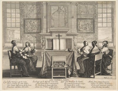Viisaat neitsyet keskustelevat, n. 1635. tekijältä Abraham Bosse