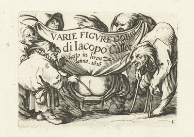 Painosarjan "Various dwarfs"/"Varie figure gobbi di Jacopo Callot" nimisivu Varie-figuuri gobbi di Jacopo Callot (sarjan nimi esineessä) Erilaisia ​​groteskeja hahmoja (sarjan nimi) Dwarves and Hunchbacks (sarjan nimi) tekijältä Abraham Bosse