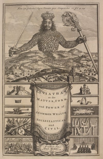 Thomas Hobbesin "Leviathan eli yhteisen rikkauden aine, muoto ja voima kirkollinen ja kansalaisuus" nimisivu tekijältä Abraham Bosse