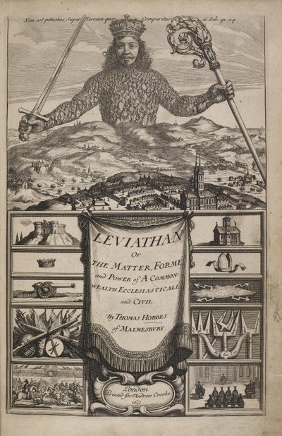 Thomas Hobbesin "Leviathan eli yhteisen rikkauden aine, muoto ja voima kirkollinen ja kansalaisuus" otsikkosivu tekijältä Abraham Bosse