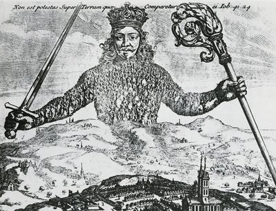 Thomas Hobbesin "Leviathan eli yhteisen rikkauden aine, muoto ja voima kirkollinen ja kansalaisuus" nimisivu tekijältä Abraham Bosse