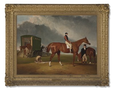 Lord George Bentincks Horse Elisin muotokuva ratsastajan John Dayn ja valmentajan John Doen kanssa, Doncaster, 1836 tekijältä Abraham Cooper