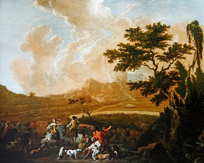 Metsästysjuhla (öljy paneelille) tekijältä Abraham Danielsz. Hondius