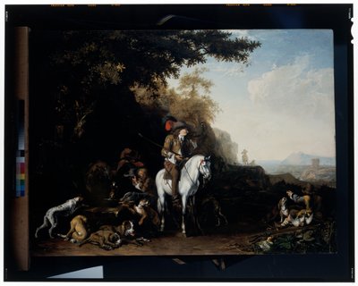 Laaja maisema, jossa metsästysseurue lepää vesikaukalon ääressä ja urheilija ampuu tekijältä Abraham Danielsz. Hondius