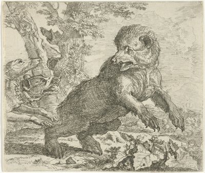 Koirien hyökkäämä karhu Eri eläimet (sarjan nimi) tekijältä Abraham Danielsz. Hondius