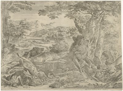 Koirien hyökkäämä villisika tekijältä Abraham Danielsz. Hondius