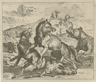 Koirien kimppuun hyökkäsi susi Eri eläimet (sarjan nimi) tekijältä Abraham Danielsz. Hondius