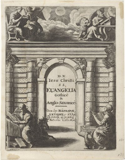 Neljä evankelistaa portin ympärillä Nimisivu: Junius, Franciscus ja Marshall, Thomas. Quatuor D.N. Jeesus Christi S.S. Evangelia Gothicè & Anglo-Saxonicè, 1665 tekijältä Abraham Dircksz. Santvoort