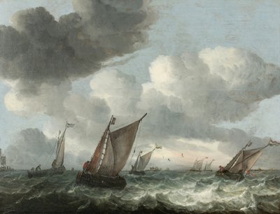Kalastusveneet rannikolla aaltoilevalla merellä (öljy paneelissa) tekijältä Abraham Hendricksz van Beyeren