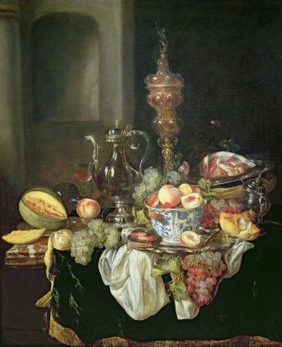 Asetelma: Banquey Piece (öljy paneelille). tekijältä Abraham Hendricksz van Beyeren