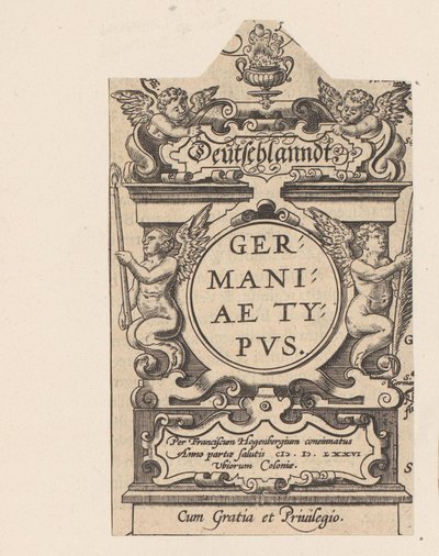 Cartouche tapasi vier putti Cartouche van een kaart van Duitsland Saksa Saksan tyyppi (otsikko esineessä) Theatrum Orbis Terrarum (sarjan nimi) tekijältä Abraham Hogenberg