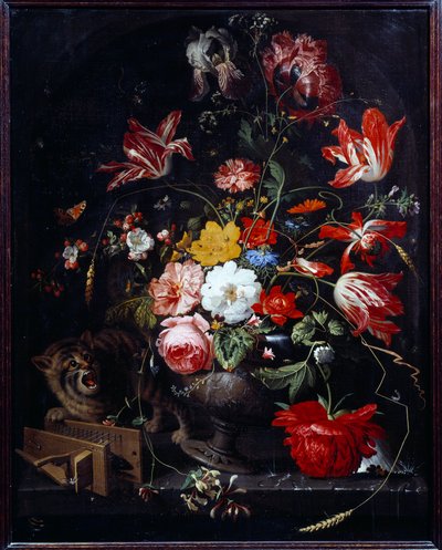 Kissa kaataa kukkamaljakon. Abraham Mignonin (1640-1679) maalaus ec. kaikki tekijältä Abraham Mignon