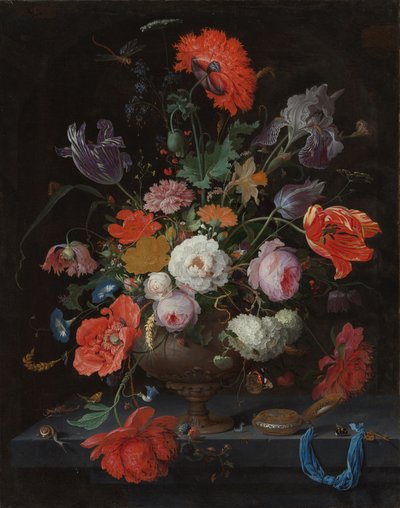 Asetelma kukkien ja kellon kanssa, n. 1660-79 (öljy kankaalle) tekijältä Abraham Mignon