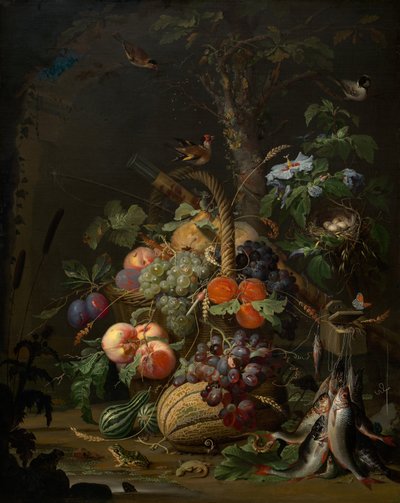 Asetelma hedelmien, kalan ja pesän kanssa, c. 1675. tekijältä Abraham Mignon