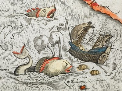 (Yksityiskohta). Merihirviöt hyökkäämässä laivaan. tekijältä Abraham Ortelius