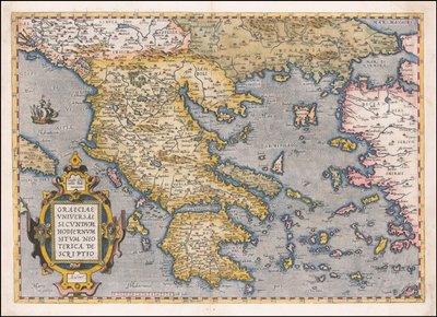 Abraham Orteliuksen vuonna 1584 laatima Kreikan ja Egeanmeren kartta. tekijältä Abraham Ortelius