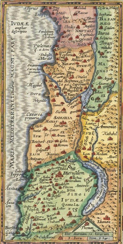 Abraham Orteliuksen vuonna 1624 laatima yksityiskohtainen kartta Pyhästä maasta. tekijältä Abraham Ortelius