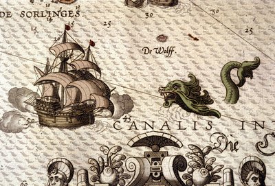 Merihirviö hyökkää galleonin (karavellin) kimppuun. Yksityiskohta kartasta "Theatrum Orbis Terrarumissa", kirjoittanut Abraham Ortelius, Antwerpen 1584 tekijältä Abraham Ortelius