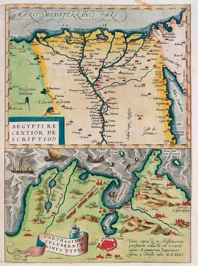 Uudempi kuvaus Egyptistä. - Carthage Bay -tyyppi Egyptin maantieteellinen kartta Niilin ja Kartagon (Tunisia) kaupungeista Abraham Orteliuksen (Oertel, Ortell tai Ortel) "Theatrum Orbis Terrarumista" tekijältä Abraham Ortelius