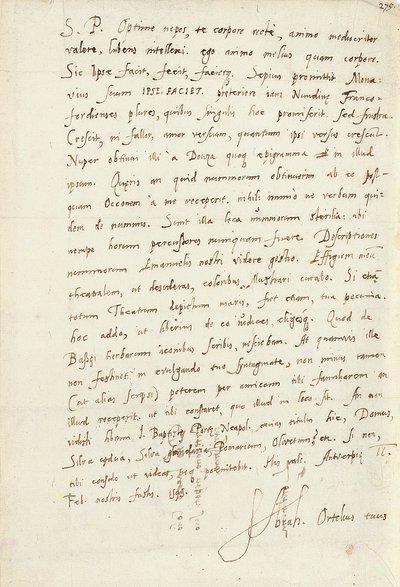 Nimikirjoituskirje hänen veljenpojalleen Jacob Coolille (Jacobus Colius), Antwerpen, 2. helmikuuta 1595 (kynä ja muste paperille) tekijältä Abraham Ortelius