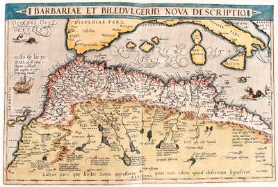 Barbariae ja Biledulgerid, Uusi kuvaus. Pohjois-Afrikan maantieteellinen kartta Abraham Orteliuksen (Oertel, Ortell tai Ortel) "Theatrum Orbis Terrarumista" tekijältä Abraham Ortelius