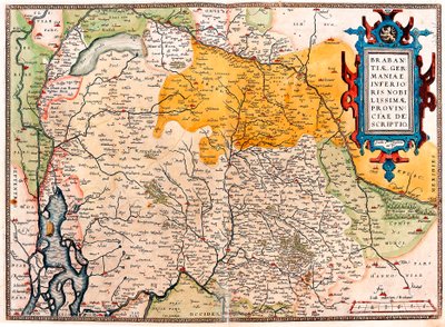 Alankomaiden eteläpuolisen alueen maantieteellinen germaanilainen (Kempeland) kartta otettu Abraham Orteliuksen (Oertel, Ortell tai Ortel) "Theatrum Orbis Terrarumista" tekijältä Abraham Ortelius