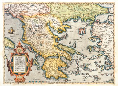 Kroatia (maakunta: Dubrovnik-Neretva), eteläinen Bosnia ja Hertsegovina, eteläinen Serbia, eteläinen Bulgaria, Montenegro, Albania, Makedonia, Kreikka, Länsi-Turkki. tekijältä Abraham Ortelius