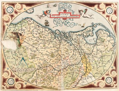Kuvaus Ala-Saksan maantieteellisestä kartasta Alankomaiden germaanin alueesta "Theatrum Orbis Terrarumista", kirjoittanut Abraham Ortelius (Oertel, Ortell tai Ortel tekijältä Abraham Ortelius