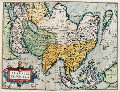 Aasian mantereen kuvaus, maantiedekartta "Theatre of the World"sta tekijältä Abraham Ortelius