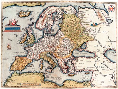 Euroopan mantereen kuvaus. Maantieteellinen kartta "Theatrum Orbis Terrarumista", kirjoittanut Abraham Ortelius tekijältä Abraham Ortelius