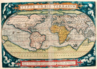Maan kartta (maailmankartta) Maantieteellinen kartta "Theatrum Orbis Terrarumista", kirjoittanut Abraham Ortelius (1527-1598) tekijältä Abraham Ortelius
