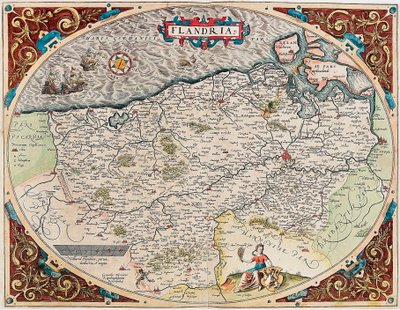Flanderi Maantieteellinen kartta Flanderin alueesta Abraham Orteliuksen (Oertel, Ortell tai Ortel) "Theatrum Orbis Terrarumista" tekijältä Abraham Ortelius