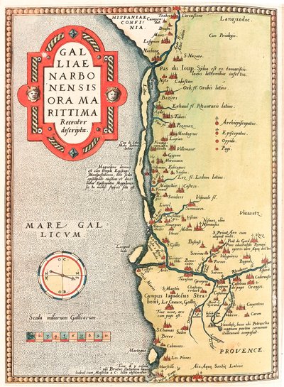 Galliae Narbonensis ora Marittima Viimeaikainen kuvaus Narbonnen alueen maantieteellinen kartta, joka kuljettaa Narbonnen kaupungin Marseilleen Beziersin, Montpellierin, Arlesin kautta tekijältä Abraham Ortelius