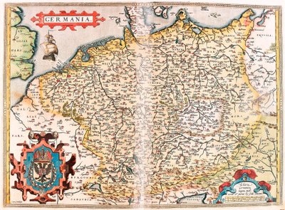 Saksa Maantieteellinen kartta Saksan alueesta (Pyhä germaaninen valtakunta) Abraham Orteliuksen (Oertel, Ortell tai Ortel) "Theatrum Orbis Terrarumista" tekijältä Abraham Ortelius