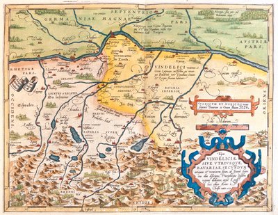 Saksa (osavaltio: Baijeri), Itävalta (osavaltio: Tirol, Ylä-Itävallan osavaltio, Salzburg). tekijältä Abraham Ortelius