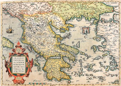 Maantieteellinen kartta Kreikan alueesta Peloponnesoksen ja saarten kanssa otettu Abraham Orteliuksen "Theatrum Orbis Terrarumista" (Oertel, Ortell tai Ortel tekijältä Abraham Ortelius