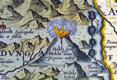 Hekla tulivuori Islannissa. Abraham Orteliuksen atlas, Amsterdam 1588. tekijältä Abraham Ortelius