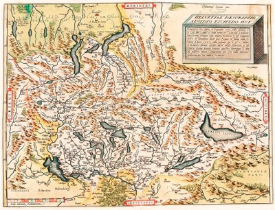 Helvetiae Kuvaus Aegidius Tschudo Auct. Maantieteellinen kartta Sveitsin ja Ranskan Alpeista, mukaan lukien Abraham Orteliuksen (Oertel, Ortell tai Ortel) "Theatrum Orbis Terrarum" -sarjan järvet tekijältä Abraham Ortelius