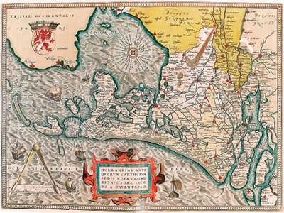 Uusi kuvaus Hollannin muinaisten kissojen istuimesta, Lacobos Daventria Maantieteellinen kartta Alankomaiden alueesta Amsterdamin ja Haarlemin kaupungeilla... otettu Abraham Orteliuksen "Theatrum Orbis Terrarumista" (Oertel, Ortell tai Orte tekijältä Abraham Ortelius