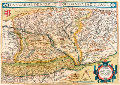 Unkarilainen kuvaus, Wolfgango Lazio Auct. Unkarin alueen maantieteellinen kartta Abraham Orteliuksen (Oertel, Ortell tai Ortel) "Theatrum Orbis Terrarumista" tekijältä Abraham Ortelius